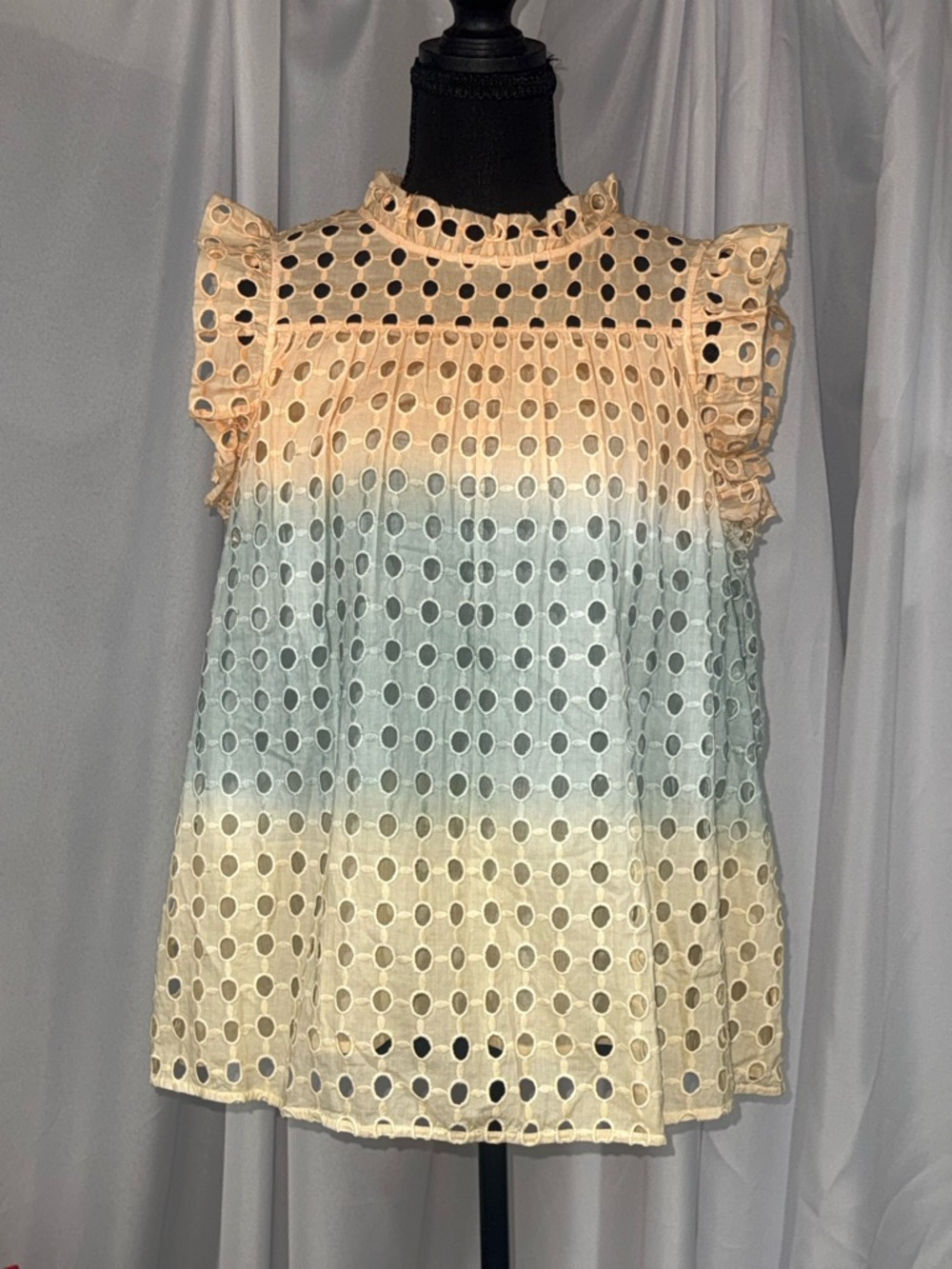 Anthropologie Eyelet Ombre Ruffle Sleeve Blouse in Cream and Light Blue